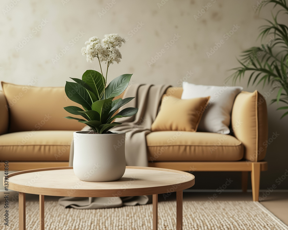 white flowered plant in a white pot on a wooden coffee table in a living room white flowered plant in a white pot on a wooden coffee table in a living room