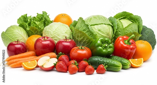 An assortment of fresh colorful fruits and vegetables are gathered together