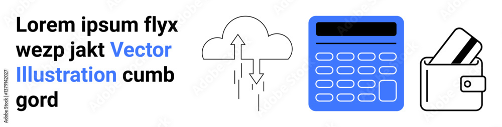 Cloud with data arrows, calculator, wallet with cards. Ideal for technology, finance, data storage, online transactions, digital finance cloud computing fintech. Landing page Cloud with data arrows, calculator, wallet with cards. Ideal for technology, finance, data storage, online transactions, digital finance cloud computing fintech. Landing page