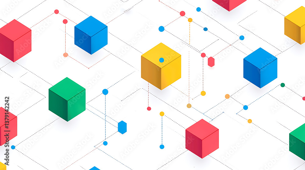 Obraz premium Simple line drawing of an isometric network with colorful blocks and dots connecting them, on a white background