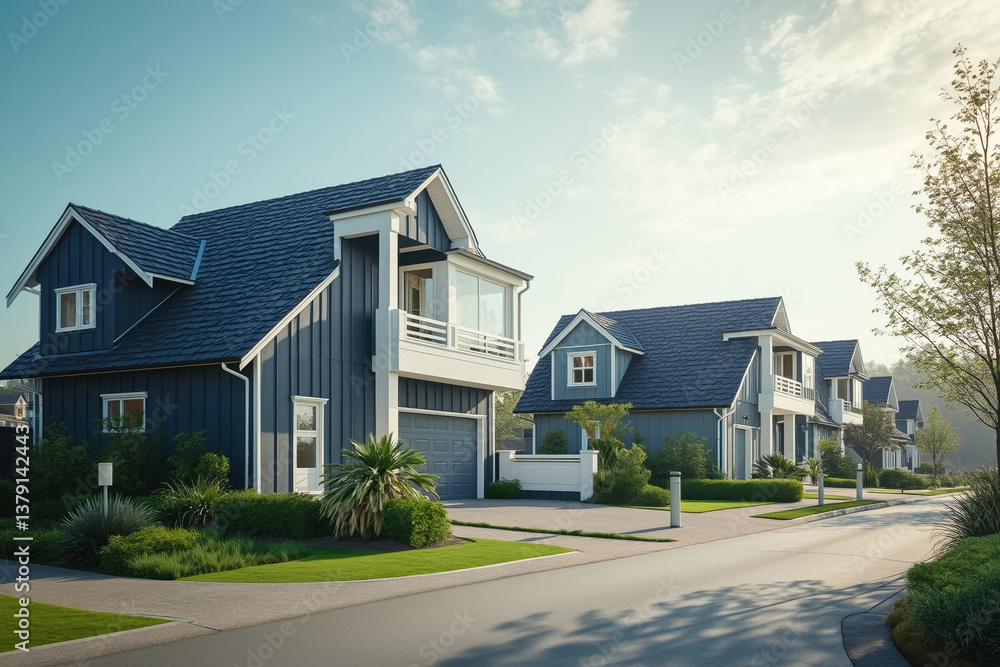 row of modern blue houses on a sunny street row of modern blue houses on a sunny street