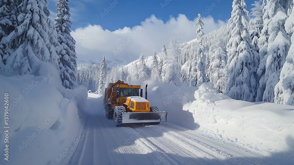 Snowplough working to remove snow from a road after a winter storm, winter road clearing Snowplough working to remove snow from a road after a winter storm, winter road clearing