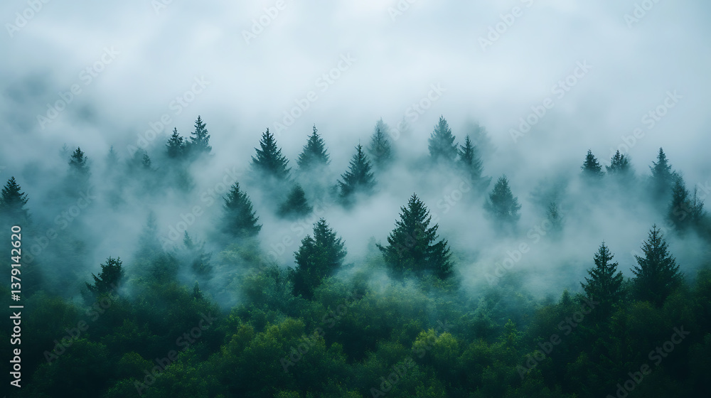 Forest with some trees covered in fog Forest with some trees covered in fog