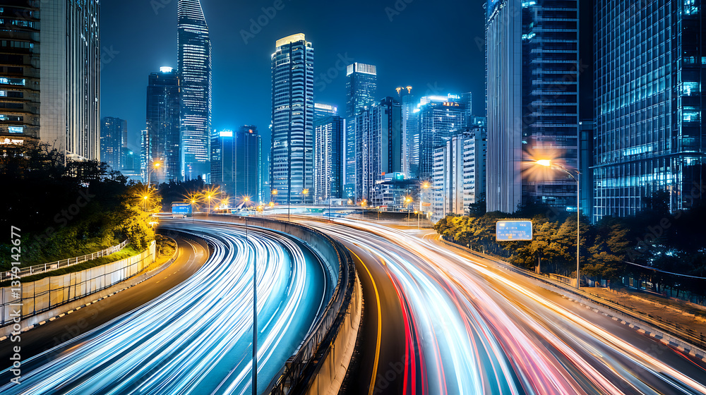 Dynamic cityscape with light trails representing fast movement on the highway