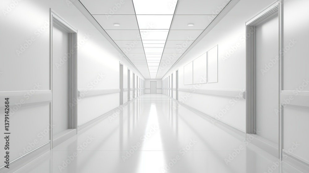 A 3D-rendered white hallway interior with a blank wall mockup for design presentations A 3D-rendered white hallway interior with a blank wall mockup for design presentations