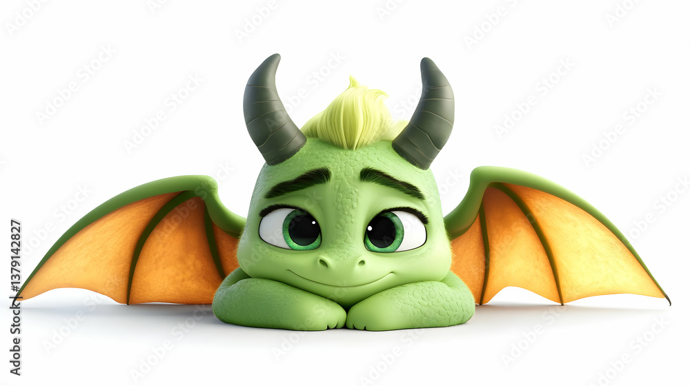 Obraz premium Cute Green Dragon Cartoon Character Resting with Orange Wings and Yellow Spikes on White Background Animal Illustration