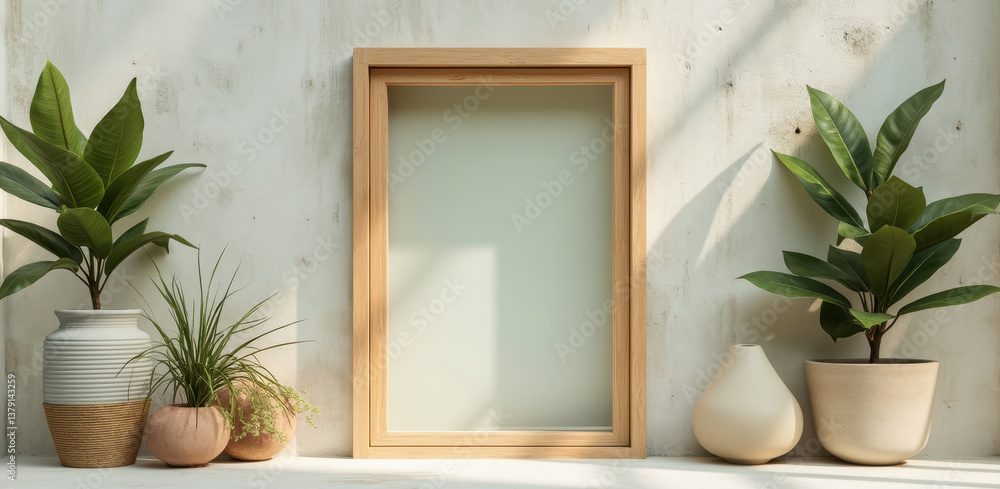 three potted plants with various textures arranged around a light wooden frame against a textured wall three potted plants with various textures arranged around a light wooden frame against a textured wall