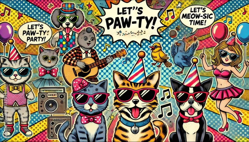 Cats, dogs and birds enjoying paw ty in pop art style Cats, dogs and birds enjoying paw ty in pop art style