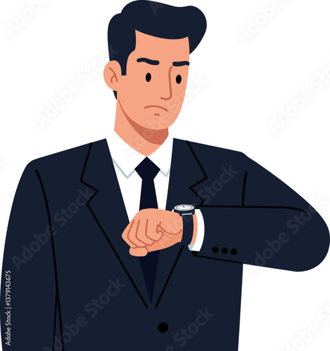 Businessman in a suit checking his watch in a minimal flat design vector illustration