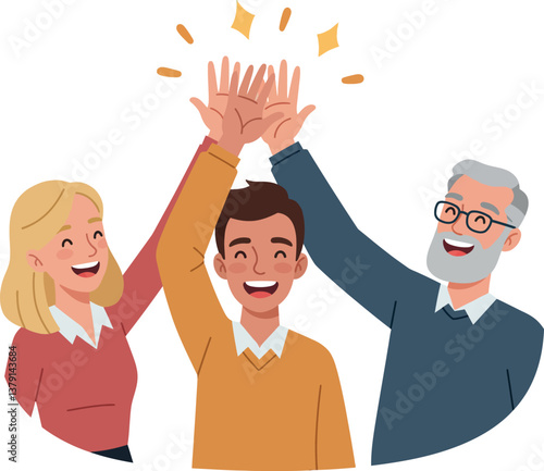 Three cheerful people celebrating success with high-fives in a colorful flat vector illustration