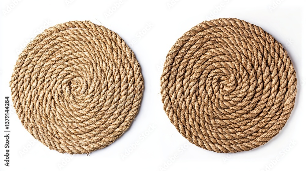 A circular jute rope rug displayed in three different angles, isolated on a white background A circular jute rope rug displayed in three different angles, isolated on a white background