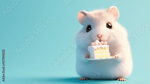 Cute mouse with cake slice on blue background.