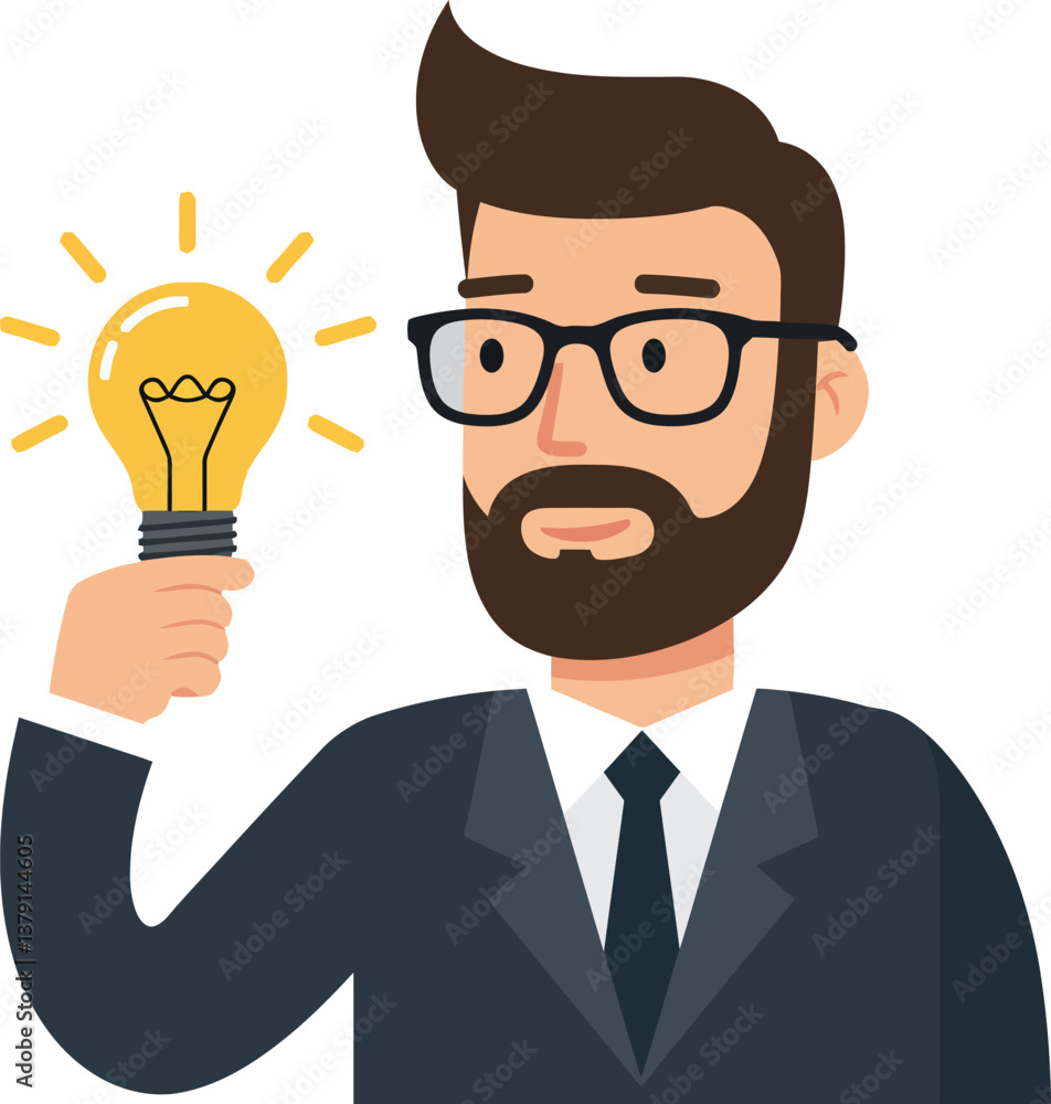 Businessman with a light bulb idea in a suit, flat vector illustration Businessman with a light bulb idea in a suit, flat vector illustration