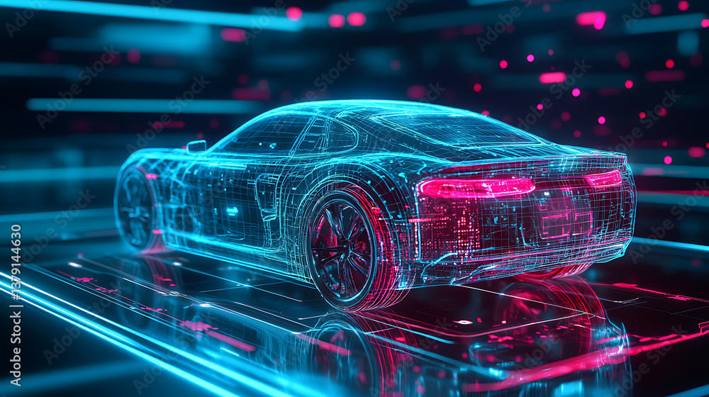 Hologram of a car in the hud ui style, futuristic service, scanning and automatic data analysis, car development, 3d illustration Hologram of a car in the hud ui style, futuristic service, scanning and automatic data analysis, car development, 3d illustration