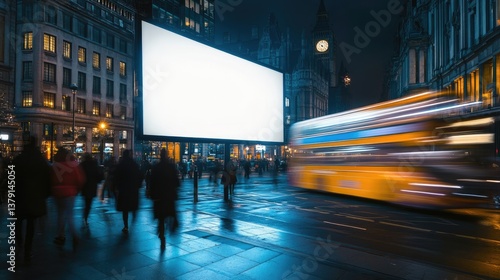 A large blank billboard stands prominently in a busy city street at night.