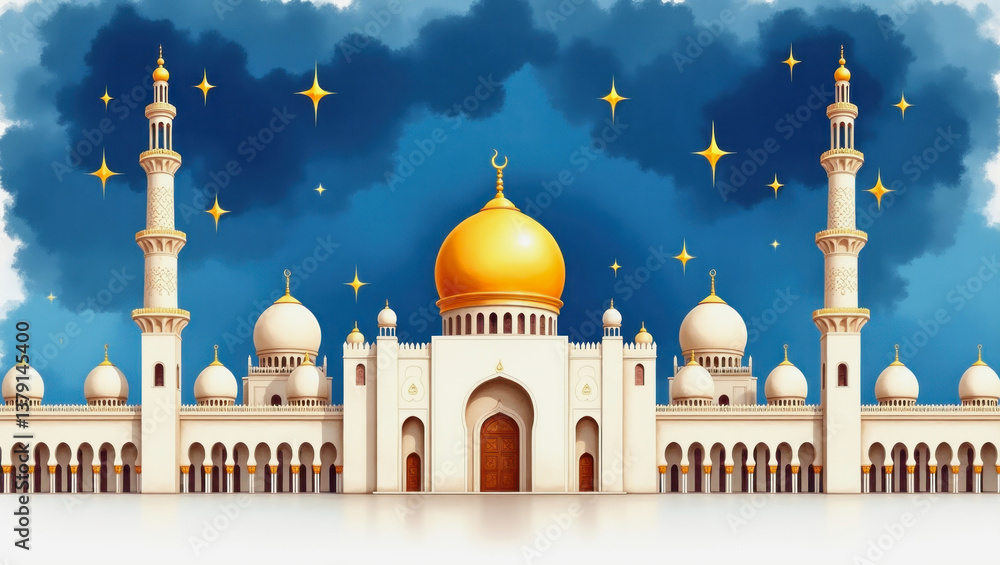 Obraz premium Majestic mosque illustration featuring golden dome and minarets
