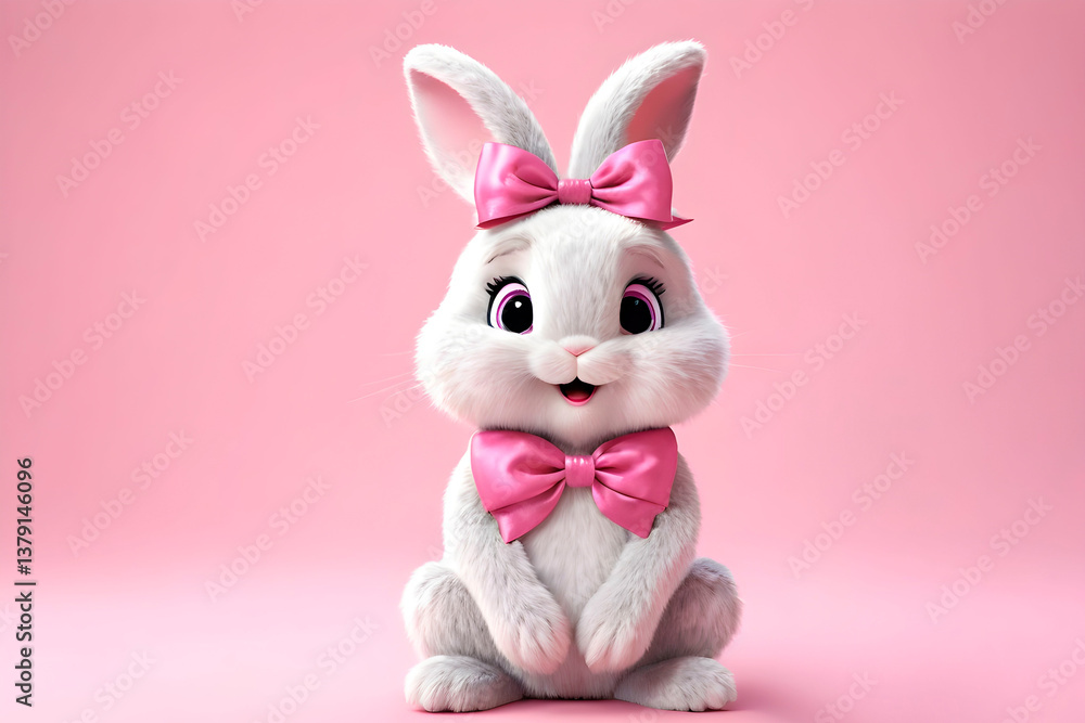 Fototapeta premium Adorable cartoon bunny with fluffy white fur and bright pink bow, displaying a joyful expression. Whiskers and big ears add charm to the sweet character. Vector illustration.