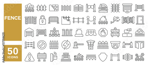 Set of 50 line icons related to fence, wall, gate, border, brick, boundary, yard, wire fence, metal fence, barrier, picket, Editable stroke. Vector illustration
