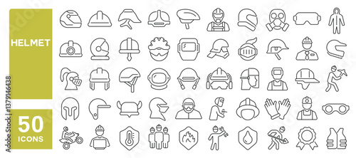 Set of 50 line icons related to helmet, safety helmet, protection helmet, worker helmet, racing helmet, fireman helmet, engineer helmet, headgear, hard hat, Editable stroke. Vector illustration