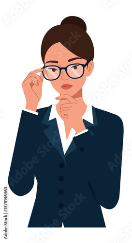 Thoughtful businesswoman adjusting glasses in a professional suit, minimal style vector illustration