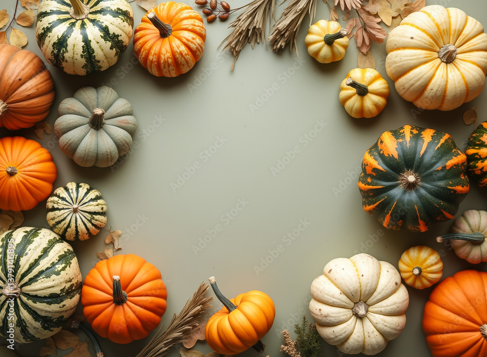 various colorful pumpkins arranged in an autumnal frame various colorful pumpkins arranged in an autumnal frame