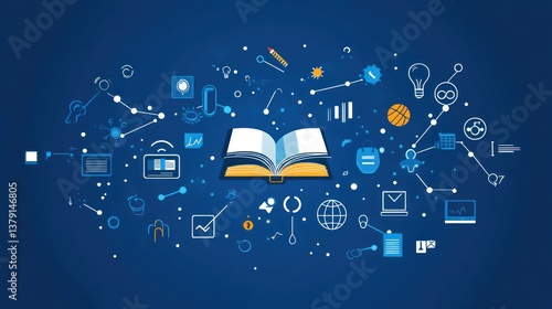 Open book surrounded by technology icons, abstract background, digital education concept
