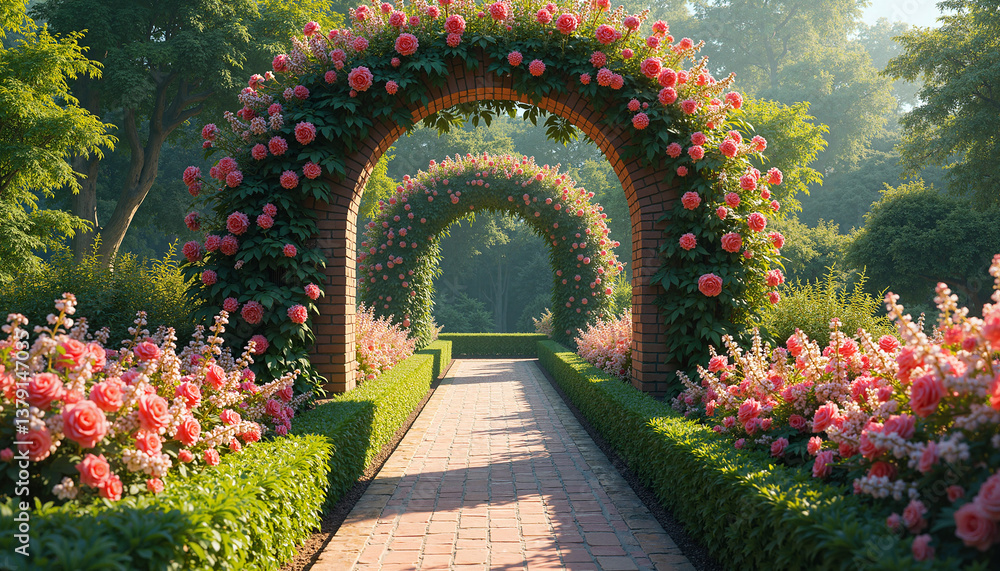 Fototapeta premium Floral archways in a blooming garden pathway, Flower beds in bloom