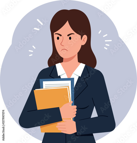 Professional woman holding folders with a serious expression in a flat vector illustration