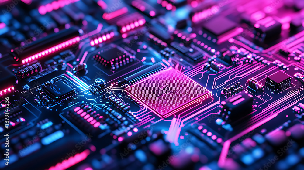 Close up of a computer circuit board with neon lights Close up of a computer circuit board with neon lights