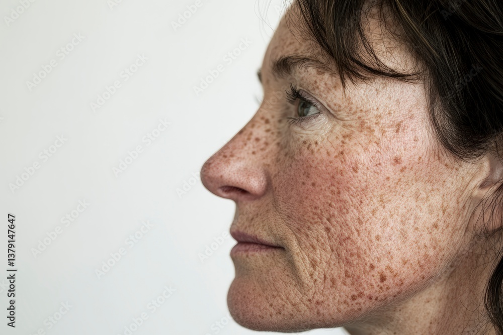Obraz premium Close-up portrait of a woman with freckles looking thoughtful to the side