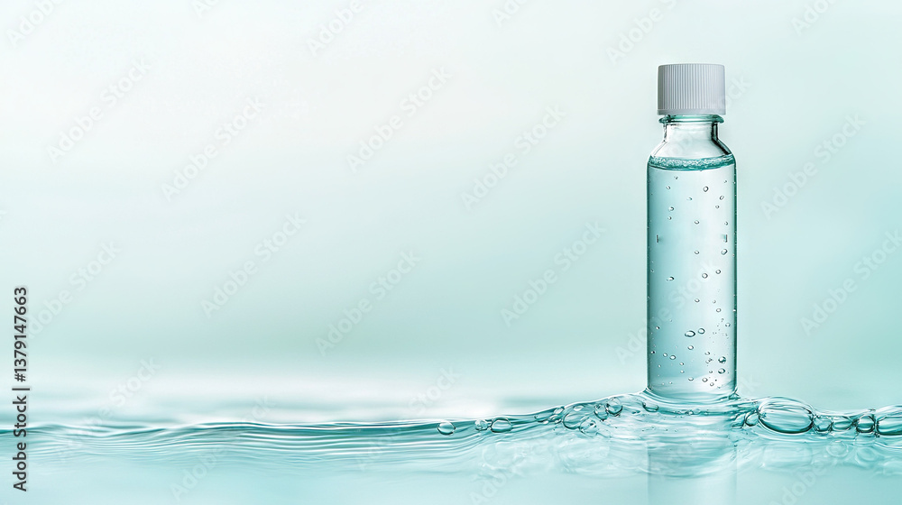 A bottle containing water rests on a table near a drop of water atop the surface A bottle containing water rests on a table near a drop of water atop the surface