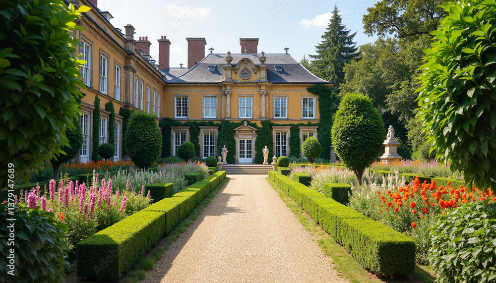 Fototapeta premium Elegant mansion surrounded by lush garden, Flower beds in bloom