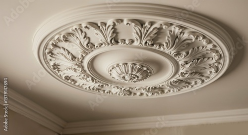 Close-up of elegant ceiling medallion with intricate plaster details in soft white tones
