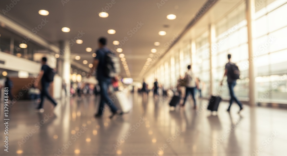 Blurred view of busy airport terminal with travelers carrying luggage, conveying a sense of movement and anticipation as people navigate through the spacious concourse filled with natural light