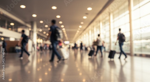 Obraz na płótnie Blurred view of busy airport terminal with travelers carrying luggage, conveying a sense of movement and anticipation as people navigate through the spacious concourse filled with natural light w salonie