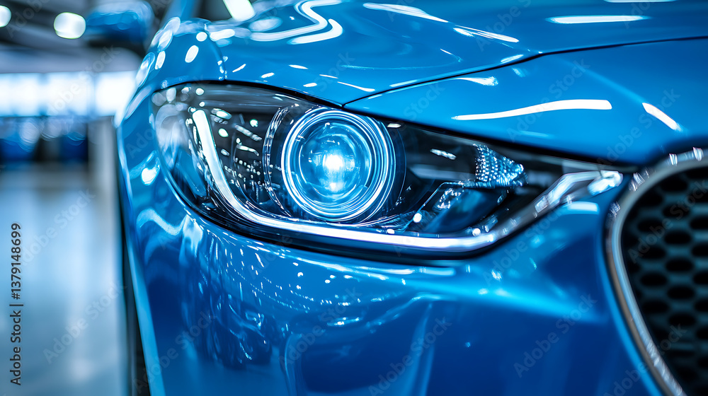 Closeup on headlight of a generic and unbranded blue car