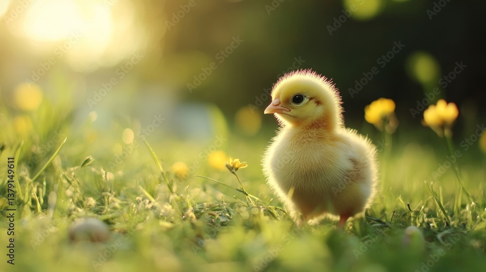 Fluffy baby chick standing in sunny meadow with yellow flowers Fluffy baby chick standing in sunny meadow with yellow flowers