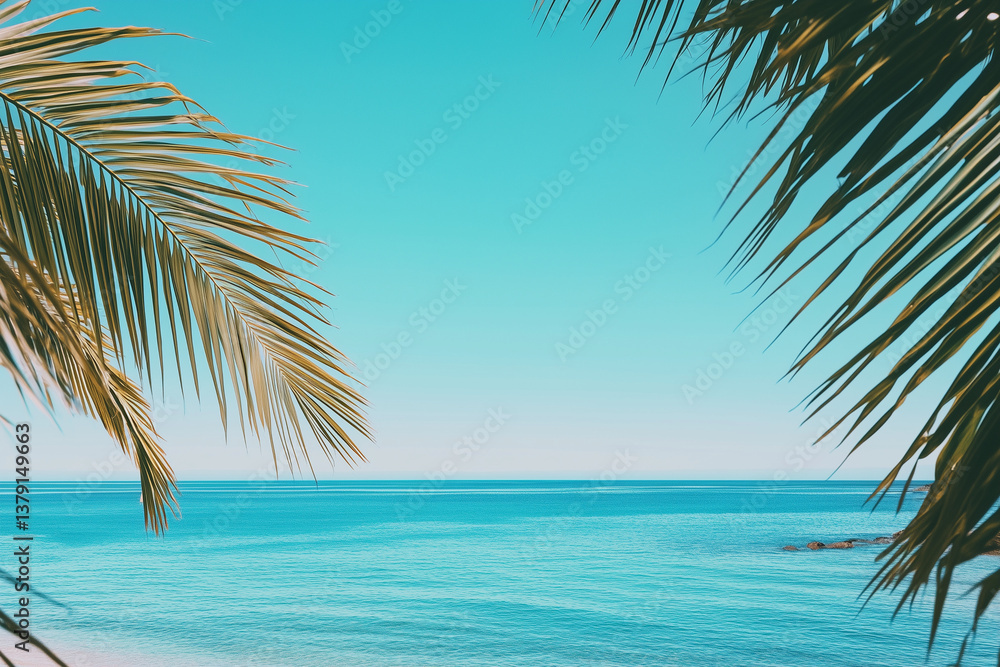 Naklejka premium Minimal Tropical Beach View with Palm Leaves and Turquoise Sea