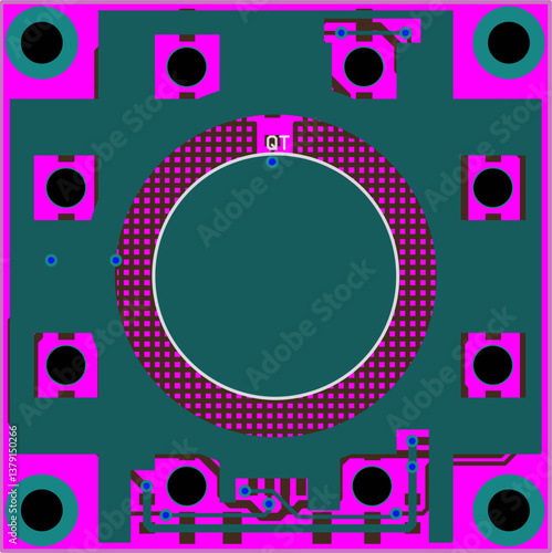 Vector printed circuit board of electronic device with components of radio elements, conductors and contact pads placed on pcb. Engineering technical educational drawing. Computer technic cad design.