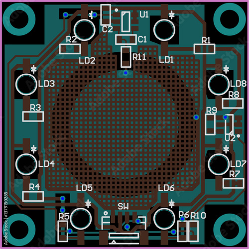 Vector printed circuit board of electronic device with components of radio elements, conductors and contact pads placed on pcb. Engineering technical educational drawing. Computer technic cad design.