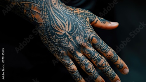 A detailed tattoo of Shiva's trident on a hand with intricate patterns
