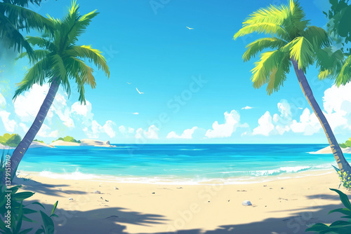 Tropical Beach Illustration with Palm Trees and Blue Ocean Under Clear Sky