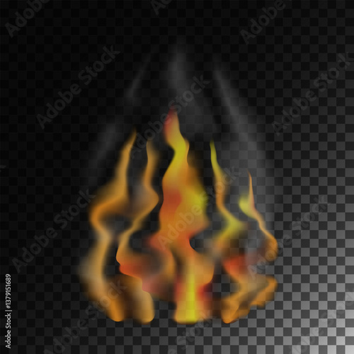 Realistic fire. Fire flame and smoke elements isolated on transparent background 1. Set of isolated objects 35.
