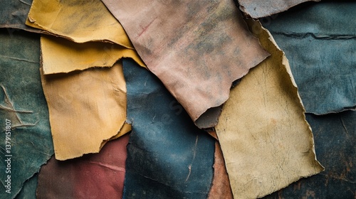  Stack of colorful vintage leather scraps with rough textures