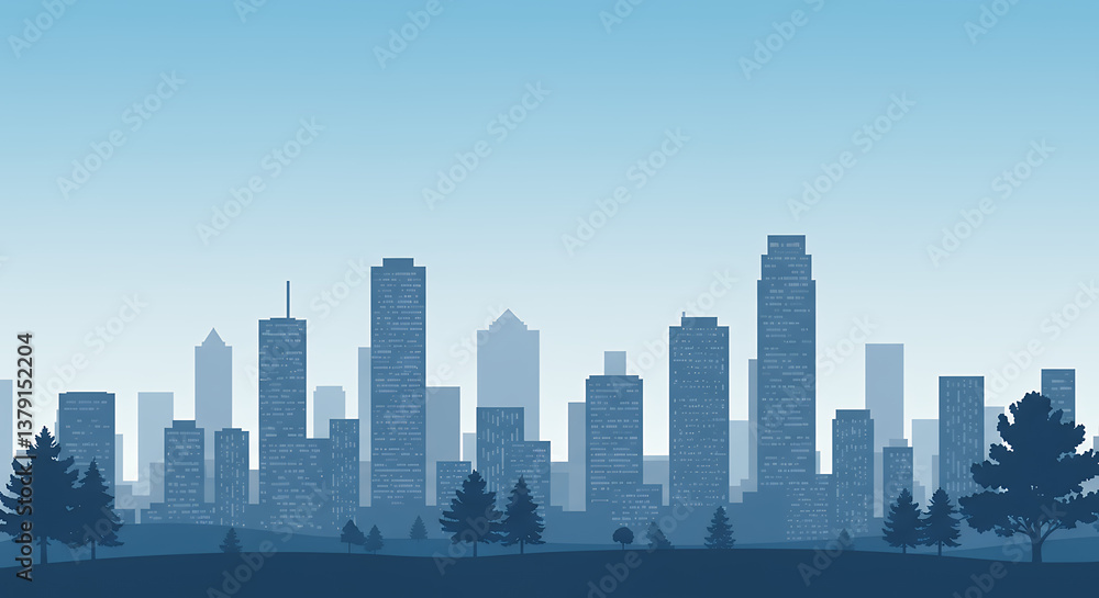Fototapeta premium Cityscape Silhouette: Urban Blue Dreams | Modern City Skyline Vector Art, Trees, Calm Scene | Serene Background for Design Projects