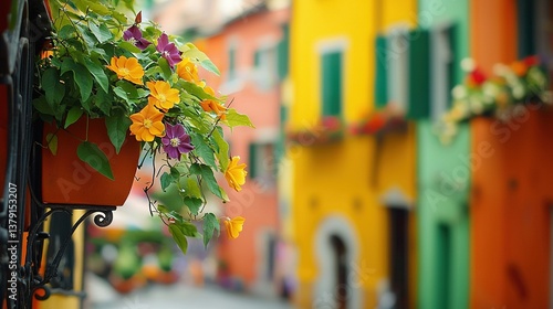 Fototapeta Naklejka Na Ścianę i Meble -    Close-up of potted plant with flowers on wall adjacent to green-shuttered building