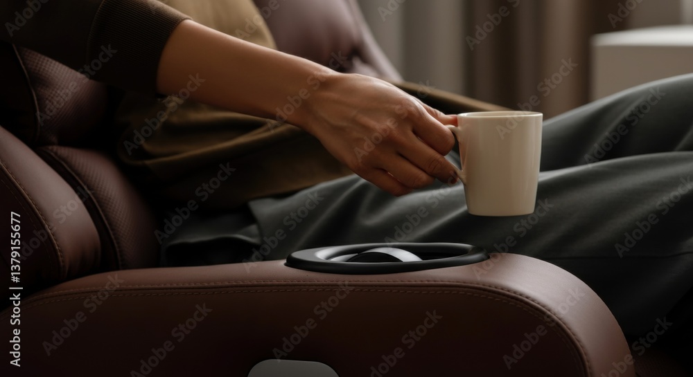 Caucasian adult relaxing with coffee in a modern recliner chair at home Caucasian adult relaxing with coffee in a modern recliner chair at home