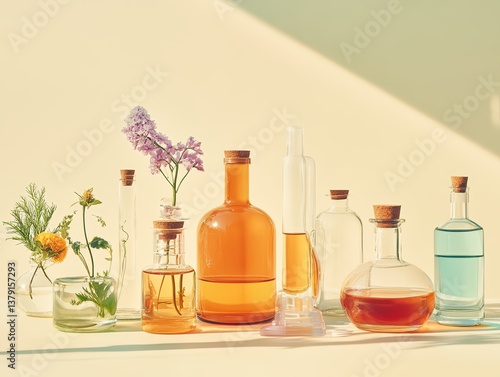 Elegant Elixir Display: An array of meticulously crafted glass bottles, filled with vibrant liquids and adorned with natural floral accents, artfully arranged in a visually stunning display.