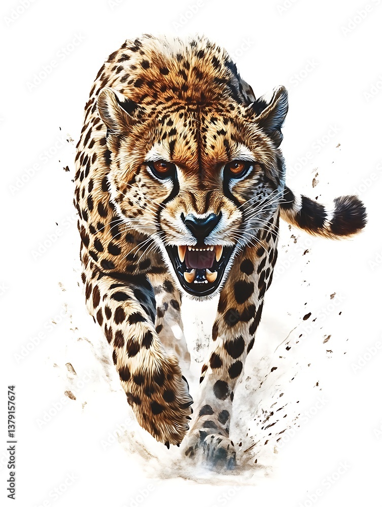 Naklejka premium Cheetah's Intense Focus: A powerful cheetah charges forward, its intense gaze fixed ahead, showcasing the animal's raw energy and predatory prowess.