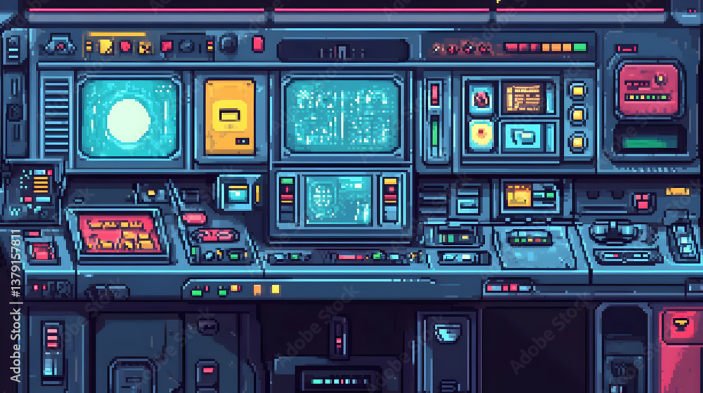 Detailed Pixel Art Illustration of a Complex Futuristic Control Panel with Various Colorful Screens and Buttons in a Neon Lit Environment Detailed Pixel Art Illustration of a Complex Futuristic Control Panel with Various Colorful Screens and Buttons in a Neon Lit Environment